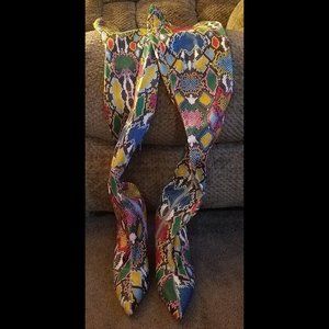 Multi-Snake Print Over-The-Knee Stiletto Boots: Size 9